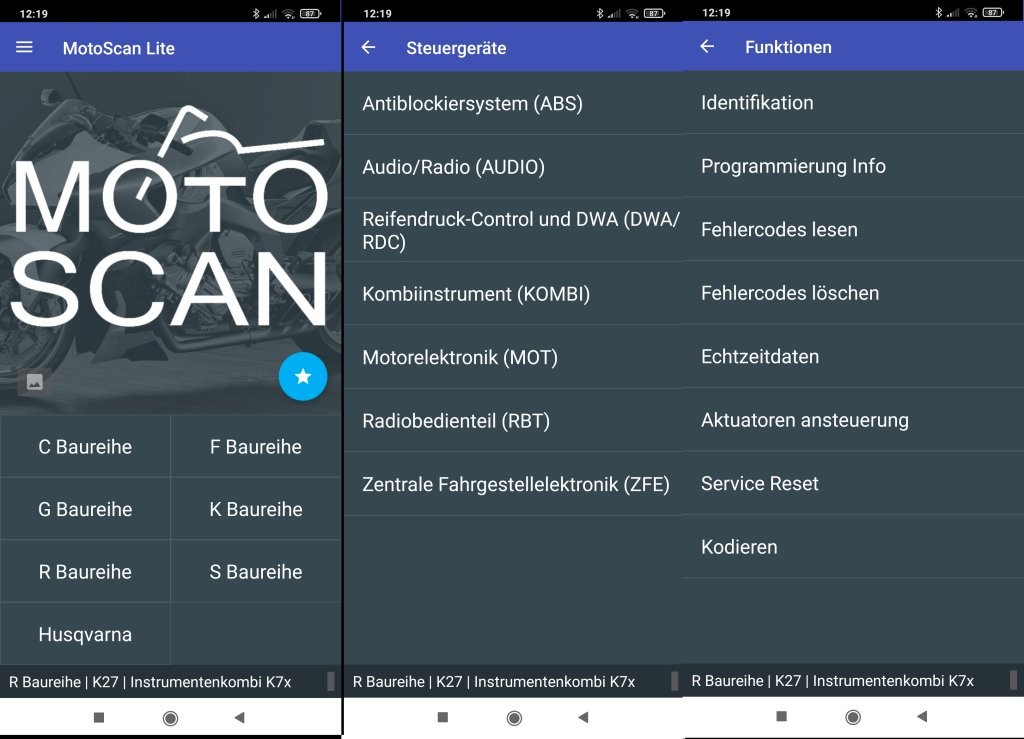Startbildschirm der Motoscan App